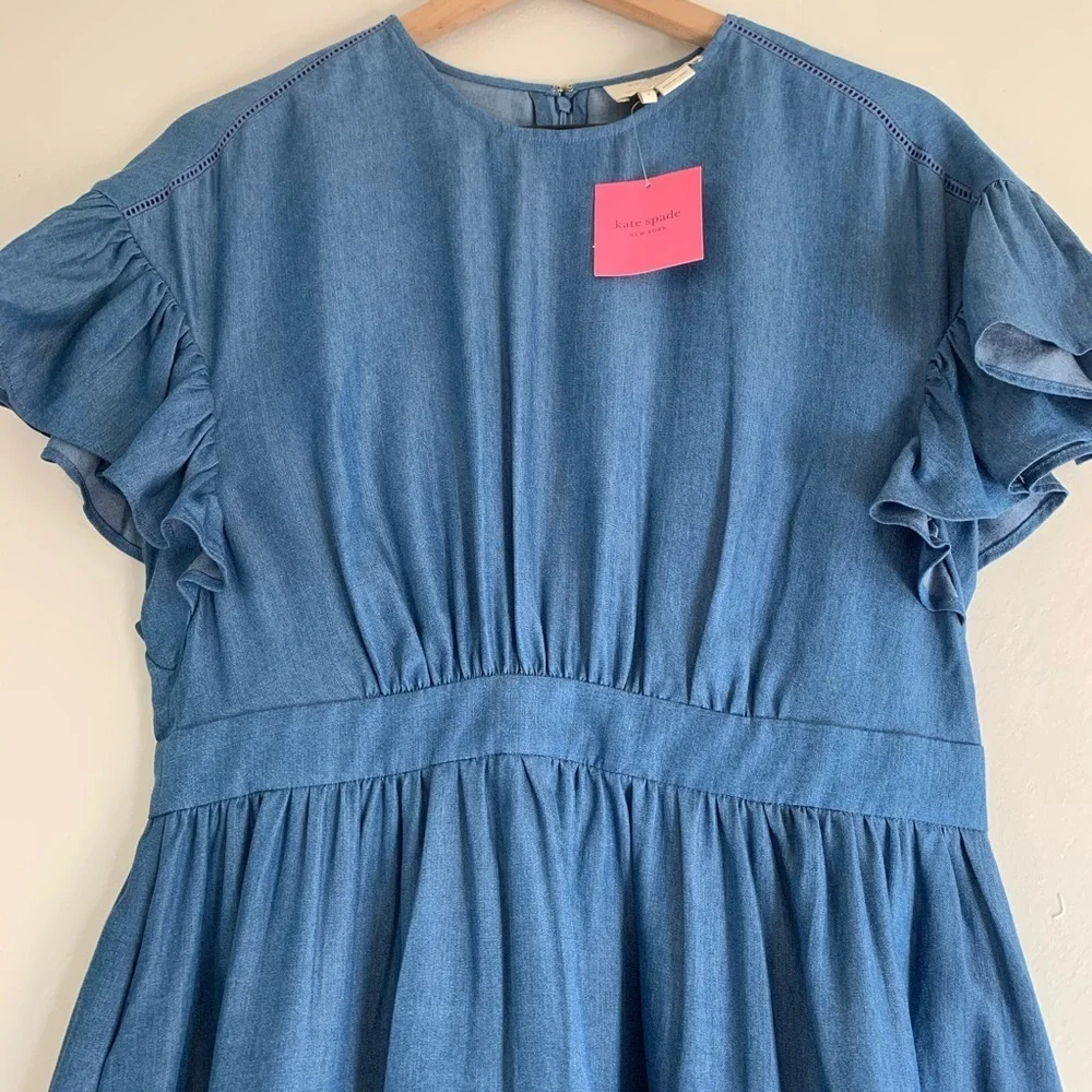 NEW KATE SPADE Chambray Fluffer Sleeve Ruffle Hem Indigo Mini Dress size 8 - Picture 8 of 16